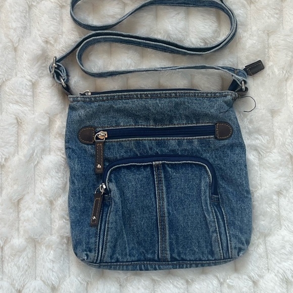 Y2K Denim Crossbody Bag Blue Jean Multi Pocket Zip Purse 2000s Boho - Picture 3 of 6